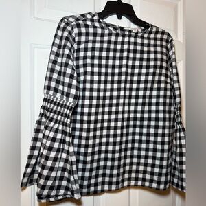 Beach Lunch Lounge Black & White Gingham Plaid Blouse Flare Sleeves Cotton Small